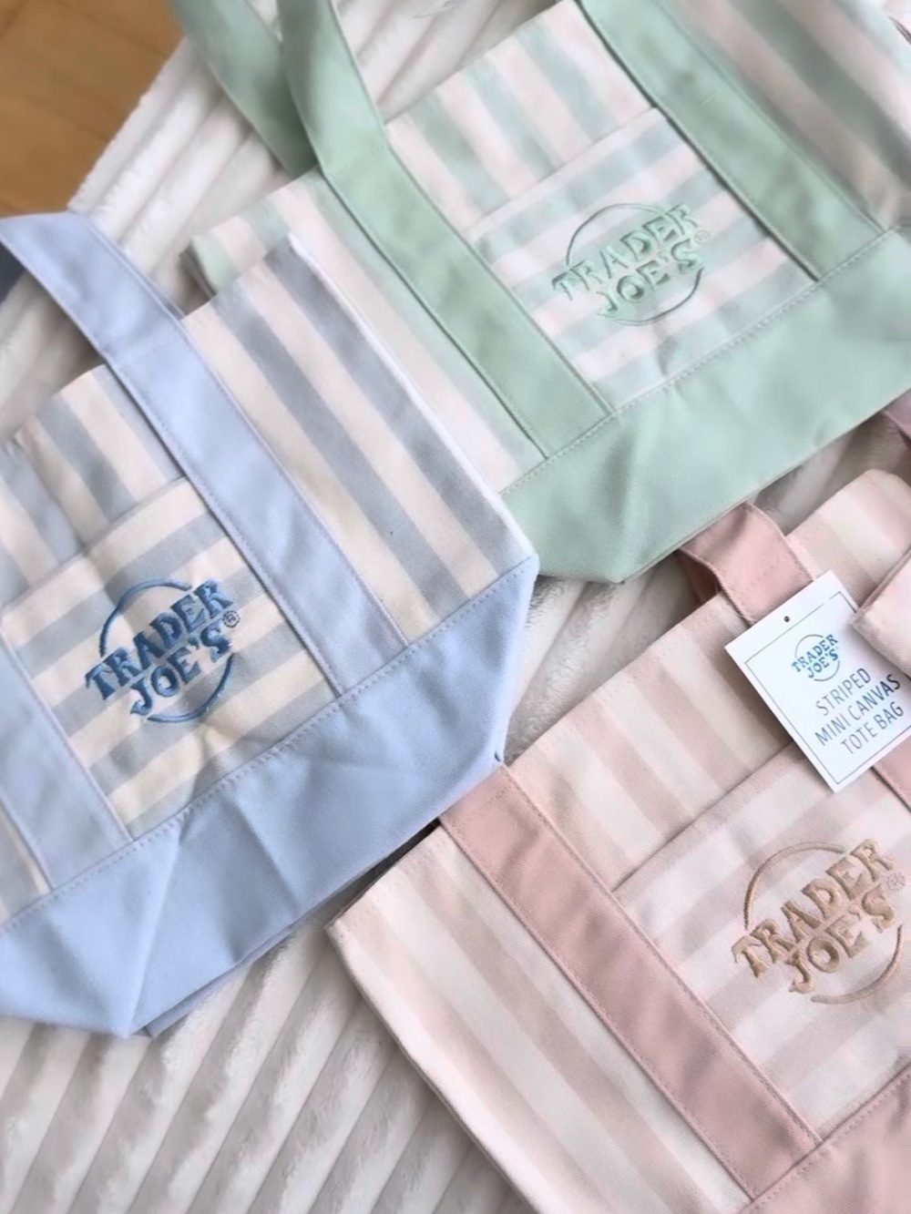 Trader Joe's Pastel Stripe Mini Canvas Tote - Pink, Blue, Mint, Beige